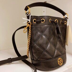 TORY BURCH 148249 WILLA MINI BUCKET BAG BLACK FULL LEATHER DRAWSTRING QUILTED